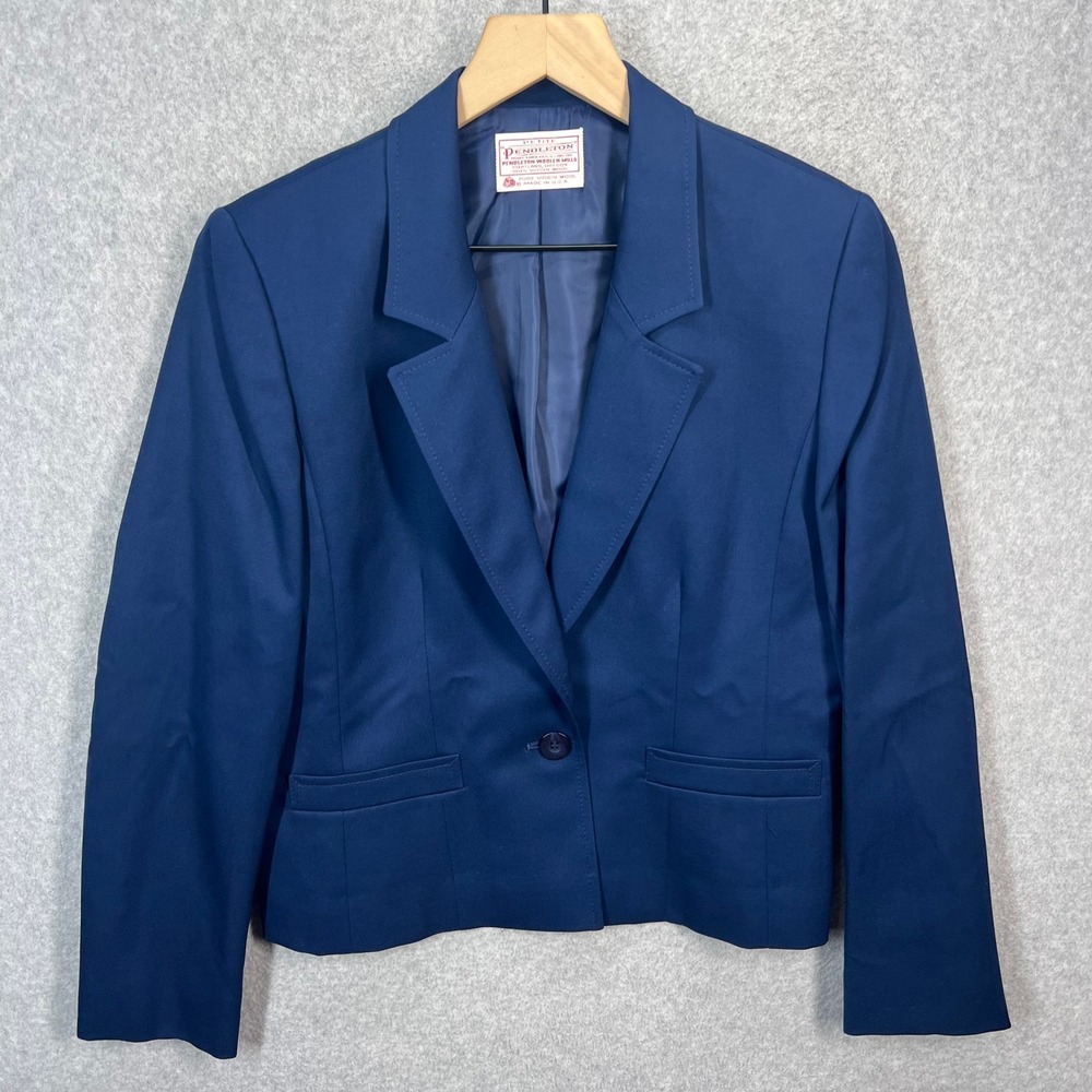 Petite Pendleton Blazer Jacket‎ Women 8 Blue 100% Virgin Wool Made in USA EUC